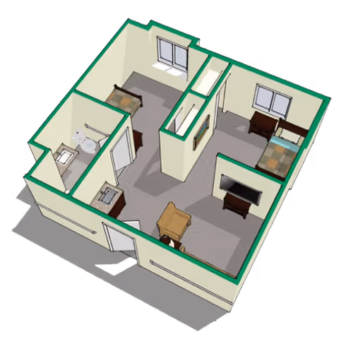 3D floor plan of a small living space with two bedrooms, a bathroom, and a living area. The living area has a chair and a TV on a stand. Each bedroom contains a bed and a dresser. The bathroom includes a toilet and a sink.