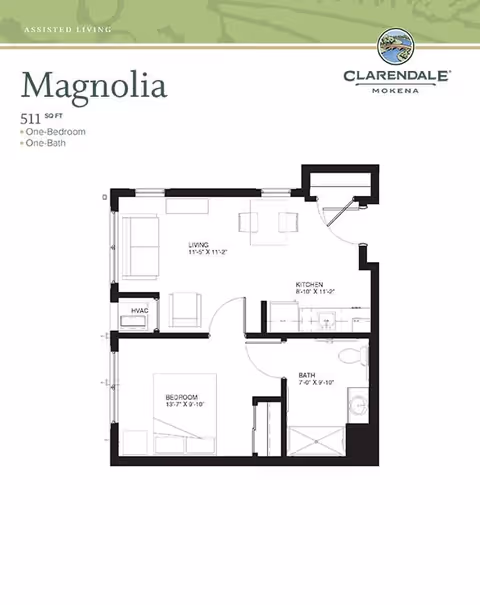 Floor plan of Magnolia unit at Clarendale of Mokena showing a one-bedroom, one-bath assisted living apartment with a living room, kitchen, bedroom, and bathroom.