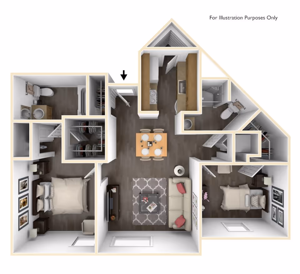 3D floor plan of a residential unit at Pinewood Lodge showing two bedrooms, two bathrooms, a kitchen, a dining area with a table set for four, and a living room with a sofa and TV. The layout includes closets and laundry area.