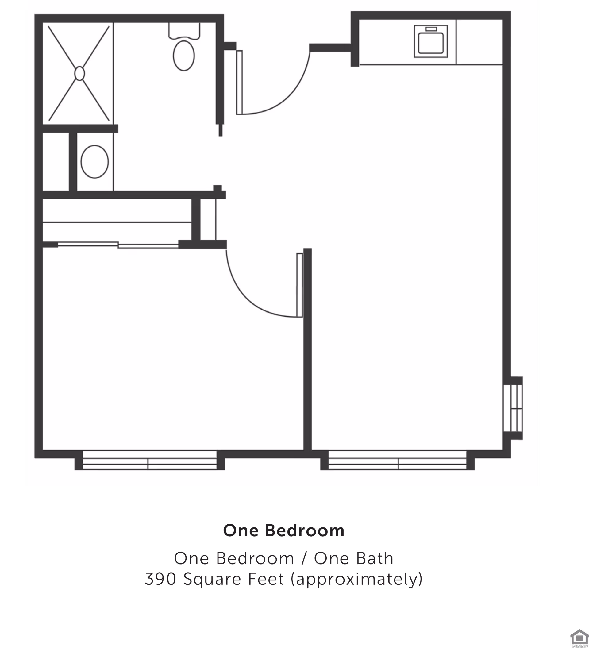 Floor plan of a one-bedroom, one-bath apartment approximately 390 square feet, showing a bedroom, bathroom with shower and toilet, and a combined living/kitchen area.