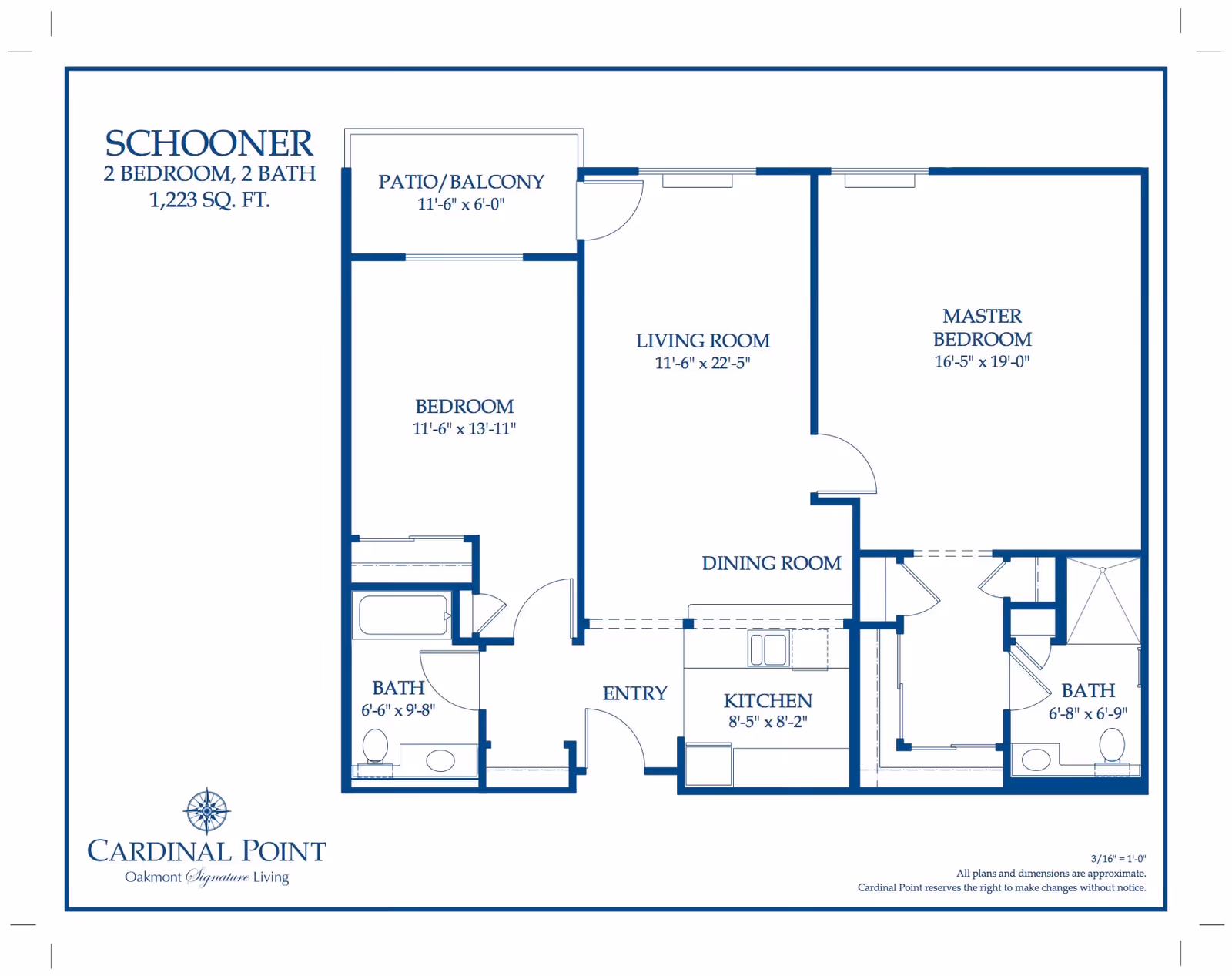 Floor plan of Schooner apartment at Cardinal Point showing 2 bedrooms, 2 bathrooms, a patio/balcony, living room, dining room, kitchen, and entry. Dimensions for each room are provided.