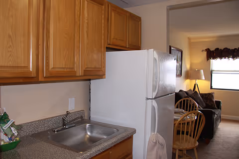 A small kitchen area with wooden cabinets, a stainless steel sink, and a white refrigerator. Adjacent to the kitchen is a living room with a dark sofa, a wooden dining table with chairs, a floor lamp, and a window with a valance.