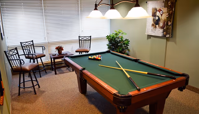 A well-lit room with a pool table in the center, two pool cues resting on the table, a rack of billiard balls arranged in a triangle, three high chairs with metal frames and cushioned seats, a small table with a flower arrangement, a potted plant, and a decorative wall hanging. Large windows with blinds cover one wall.