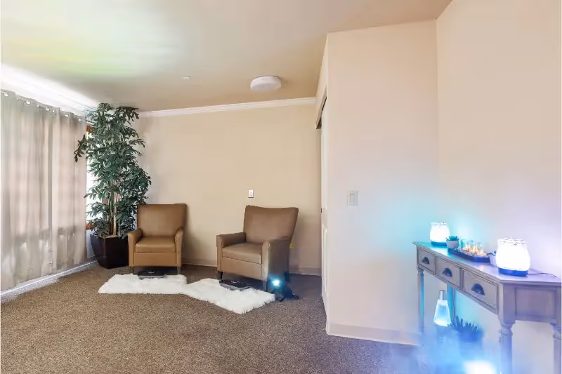 A cozy corner of a living area featuring two brown armchairs placed on white fluffy rugs, a tall potted plant near a window with sheer curtains, and a wooden console table with decorative glowing lamps and small plants, all set against beige walls and carpeted floor.