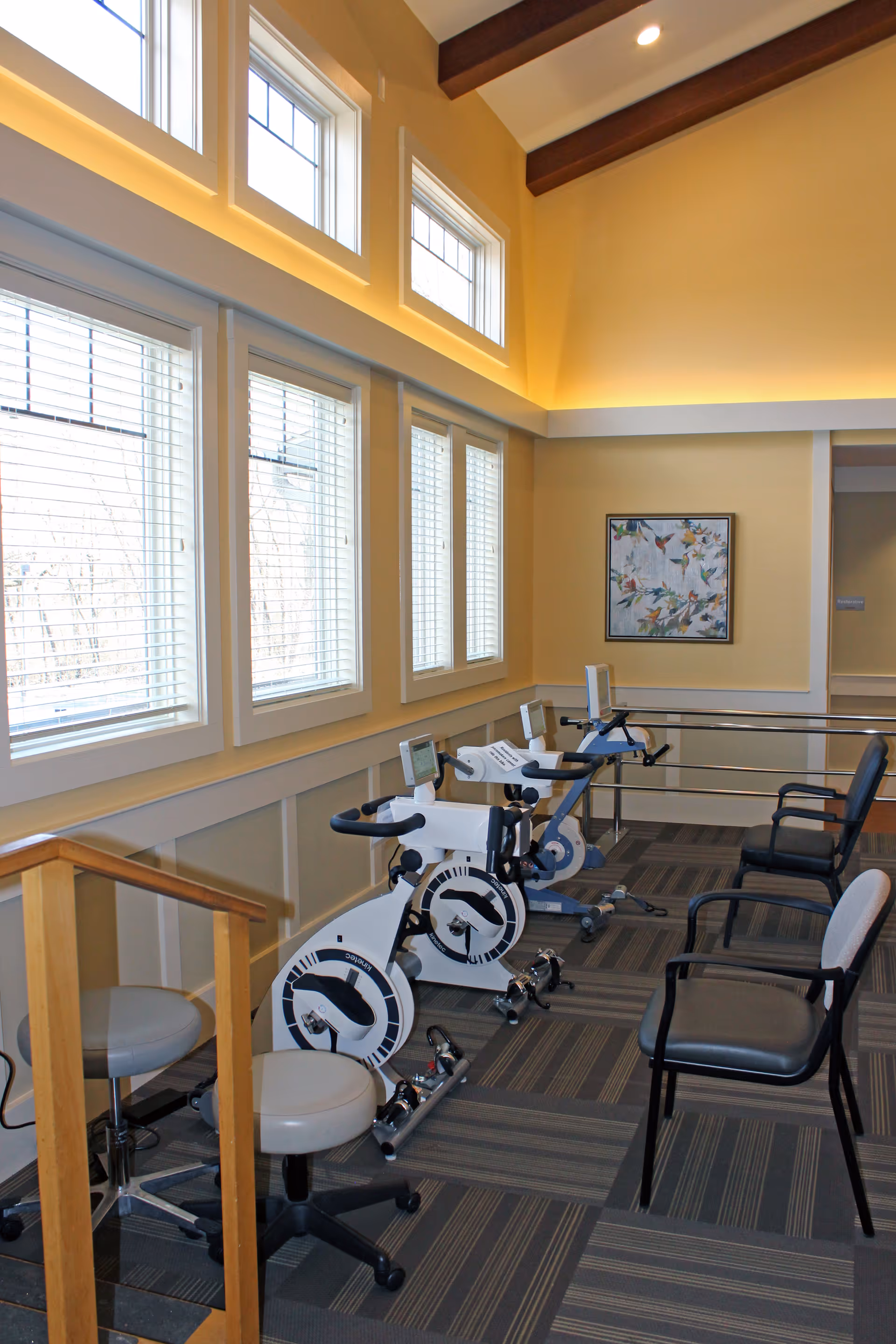 Bright interior therapy room with stationary exercise bikes, chairs along the wall, and tall windows under a beamed ceiling.