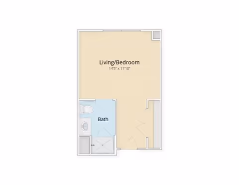 Floor plan of a studio apartment at Stonebridge at Burlington showing a combined living and bedroom area measuring 14 feet 5 inches by 11 feet 10 inches, with an adjacent bathroom including a toilet, sink, and shower.