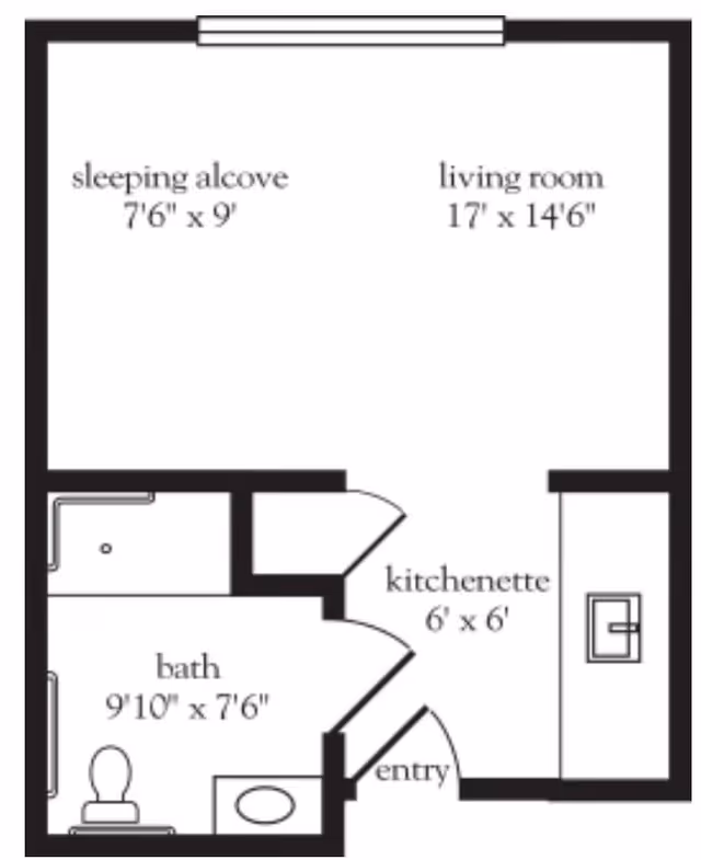 Floor plan showing a living room measuring 17 feet by 14 feet 6 inches, a sleeping alcove measuring 7 feet 6 inches by 9 feet, a kitchenette measuring 6 feet by 6 feet, a bath measuring 9 feet 10 inches by 7 feet 6 inches, and an entry area.