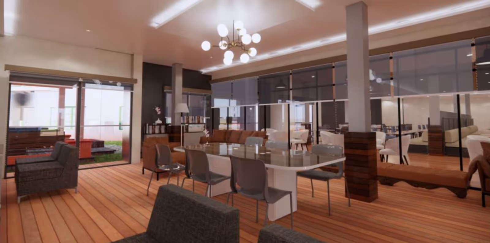 Spacious modern communal lounge and dining area with tables, chairs, sofas, glass walls and wooden floors.