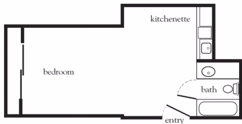 Floor plan layout showing a bedroom area, kitchenette, bathroom with bathtub, toilet, and sink, and an entryway.