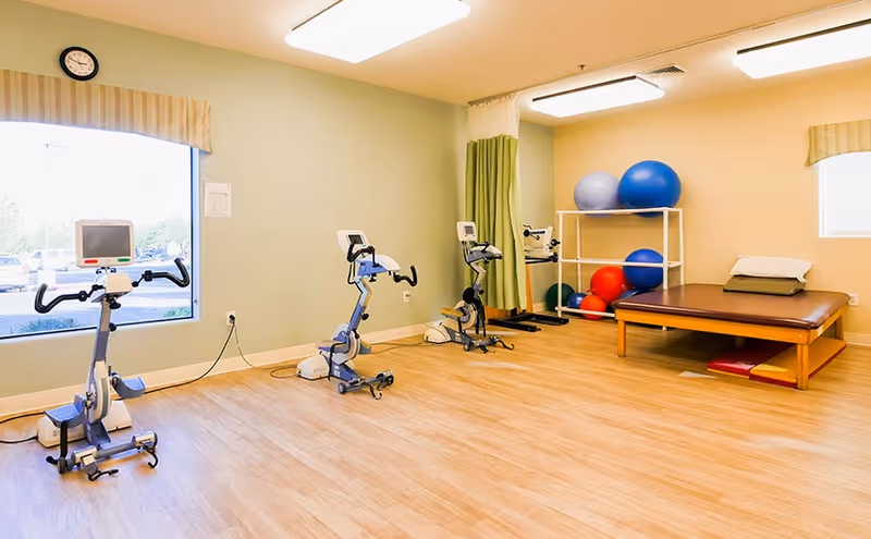 A bright exercise room with three stationary exercise bikes, a padded therapy table with a pillow, and a shelf holding various exercise balls. The room has light wood flooring, pale green and beige walls, a large window with a view outside, and overhead fluorescent lighting.