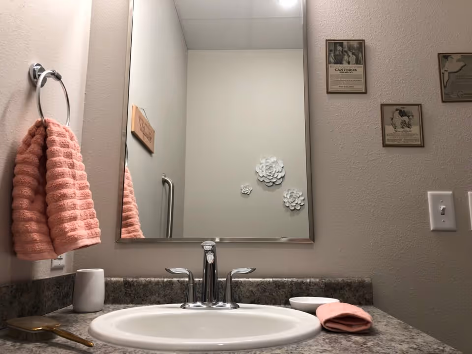 A bathroom sink area with a silver faucet, a large rectangular mirror, a pink towel hanging on a ring to the left, a small white cup, a hairbrush, and a folded pink washcloth on the countertop. The wall has three framed pictures and decorative white flower wall hangings reflected in the mirror.