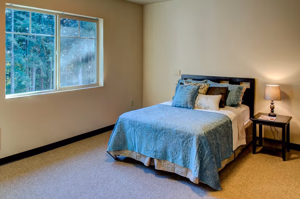 A bedroom with a bed covered in a blue patterned bedspread and multiple pillows. There is a window on the left side showing trees outside, and a nightstand with a lamp and a magazine on the right side of the bed. The walls are light-colored and the floor is carpeted.