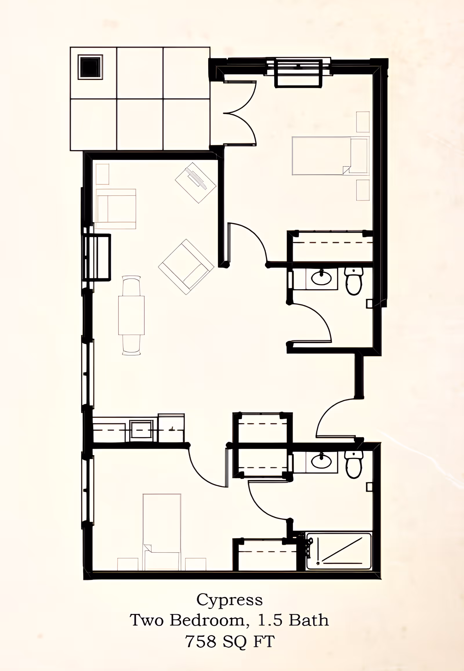Black-and-white floor plan labeled "Cypress Two Bedroom, 1.5 Bath 758 SQ FT" showing the layout of a two-bedroom, 1.5-bath apartment.