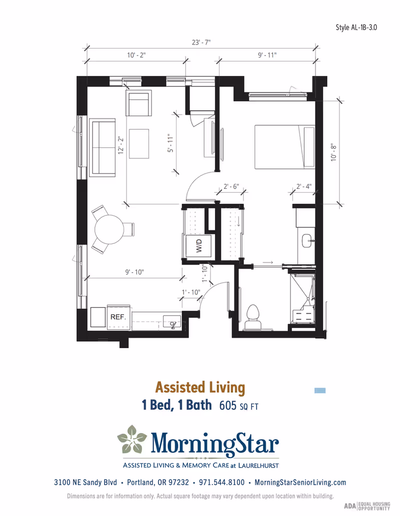 Architectural floor plan of an assisted living unit with 1 bedroom and 1 bathroom, totaling 605 square feet. The layout includes a living room with sofa and chair, a dining area with round table and chairs, a kitchen with refrigerator and sink, a bedroom with a bed, a bathroom with toilet and shower, and a washer/dryer closet. Dimensions of rooms and walls are marked.