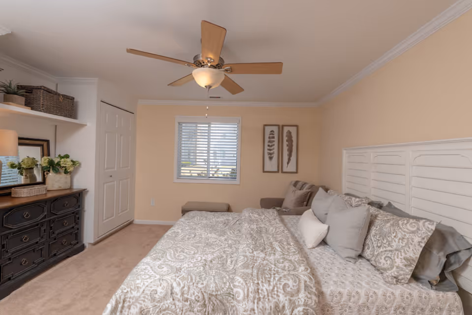 Bright bedroom with a large bed covered in patterned bedding, a ceiling fan, dresser with plants, and a window with blinds.