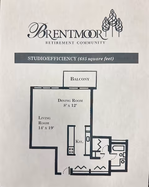 Floor plan of a studio/efficiency apartment at Brentmoor Retirement Community, showing a living room (14' x 19'), dining room (8' x 12'), kitchen area, bathroom, and a balcony. The total area is 685 square feet.