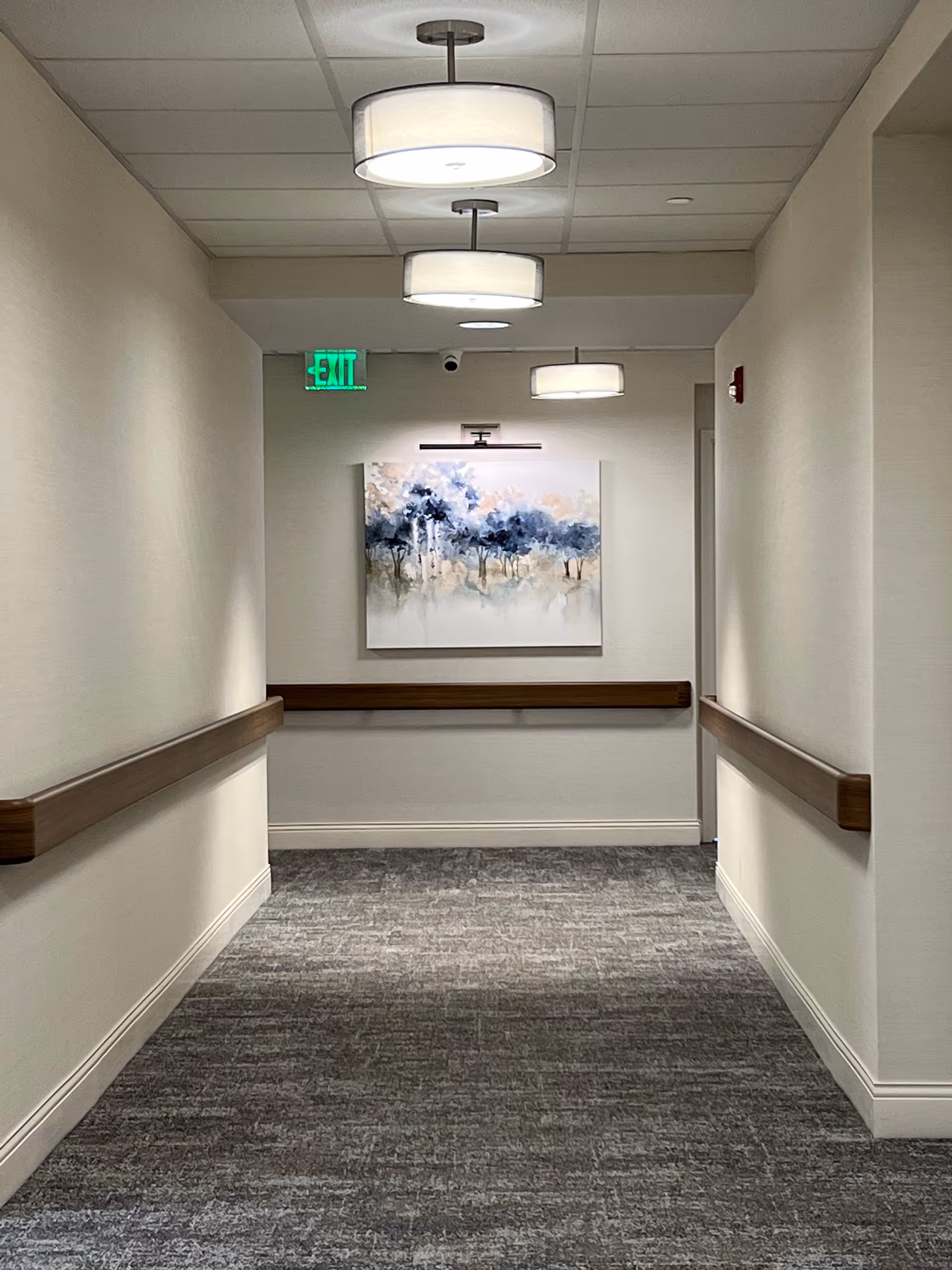 A well-lit indoor hallway with beige walls, gray carpeted floor, and wooden handrails on both sides. Three ceiling lights are evenly spaced along the hallway. At the end of the hallway, there is a framed painting of trees in soft blue and beige tones, illuminated by a picture light. A green exit sign is visible above the painting.