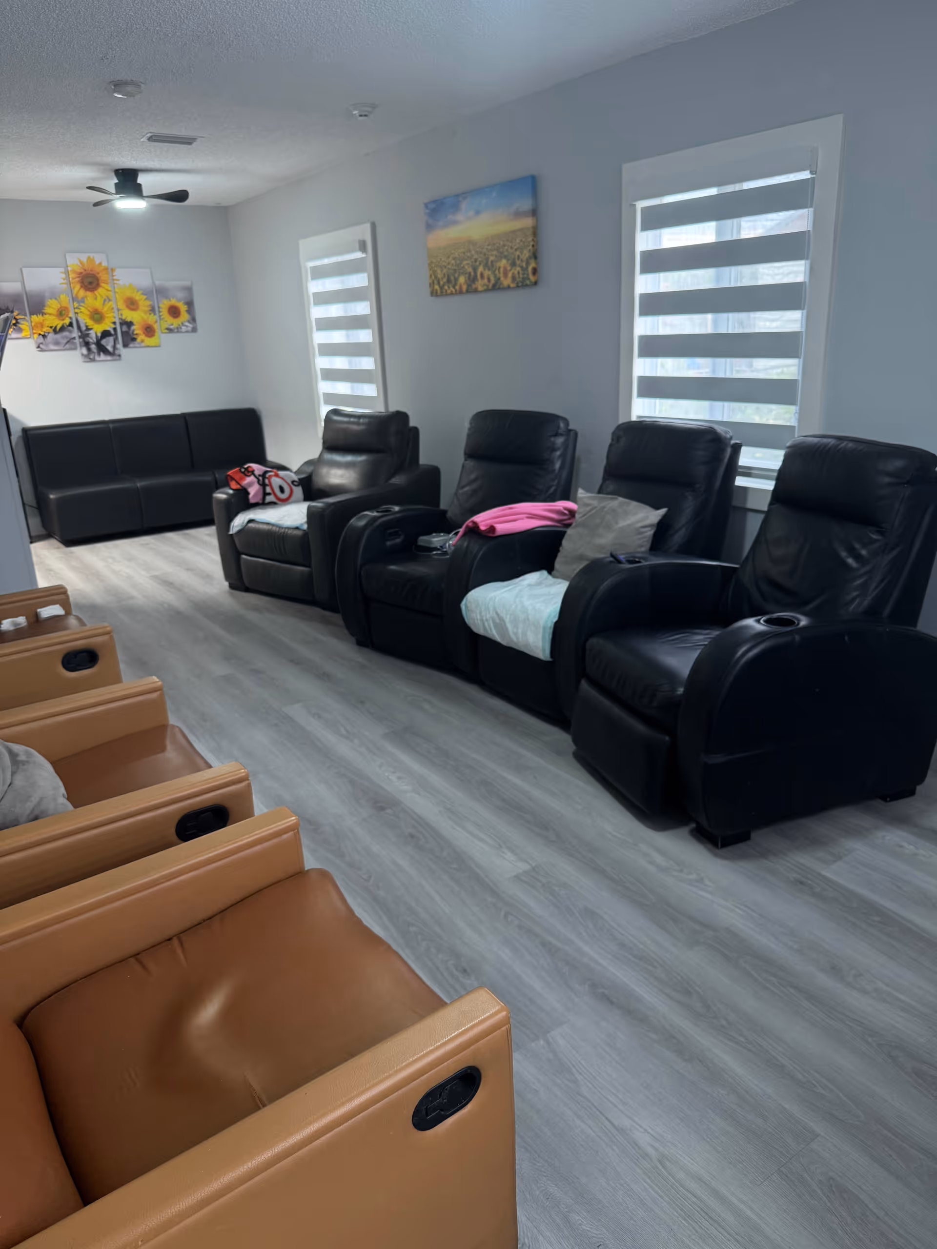 A living room with multiple recliner chairs arranged in two rows facing each other. The chairs are a mix of black and brown leather. The room has light gray wooden flooring, two windows with white blinds, and sunflower-themed artwork on the walls. A ceiling fan with a light is visible on the ceiling.