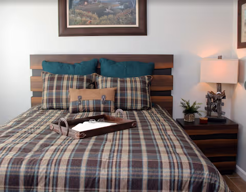 A neatly made bed with plaid bedding, wooden headboard, and a nightstand with a lamp and plant in a bedroom.