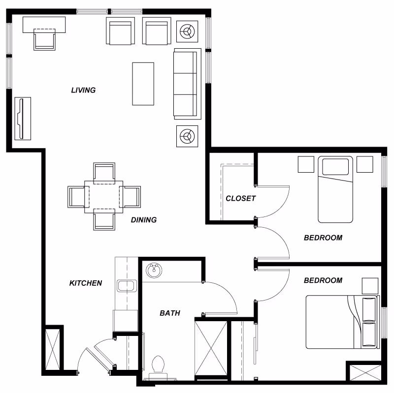 Architectural floor plan of a residential unit at Avamere at Sherwood showing two bedrooms, one bathroom, a kitchen, dining area, and living room with furniture layout.
