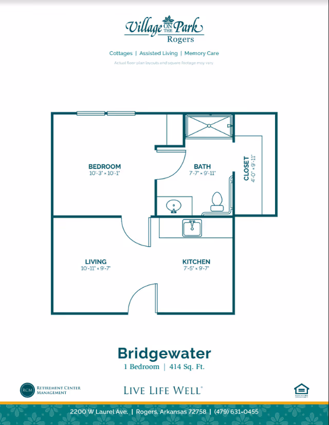 Floor plan diagram of the Bridgewater one-bedroom apartment showing living room, kitchen, bedroom, bath, and closet.