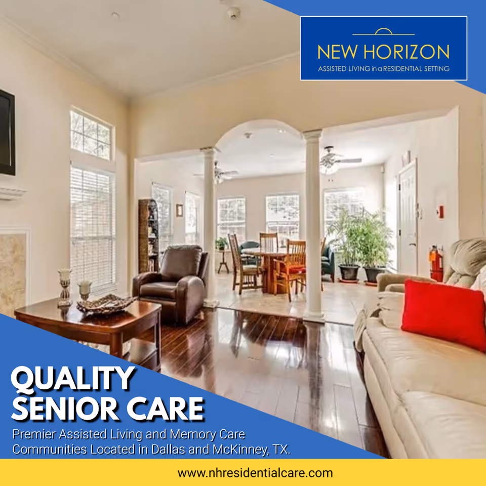 Sunlit living and dining area with sofas, an armchair, dining table, columns, and large windows.