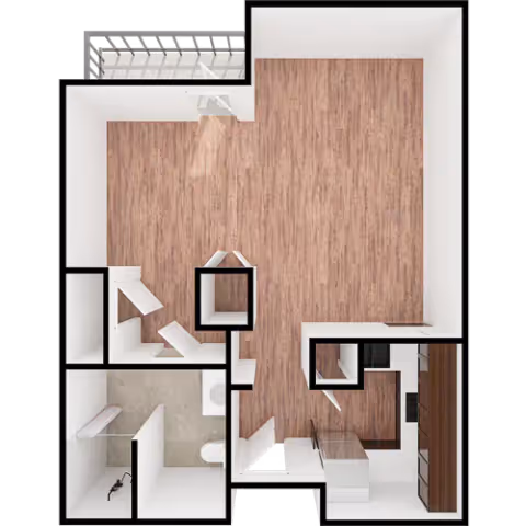 Top-down view of a small apartment floor plan with a wooden floor living area, a kitchen with appliances and cabinets, a bathroom with a toilet and sink, and a balcony area.
