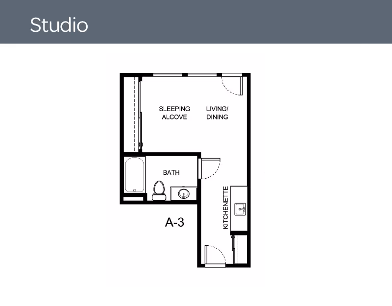 Floor plan of a studio apartment labeled A-3, showing a sleeping alcove, living/dining area, bath with toilet and bathtub, and a kitchenette.