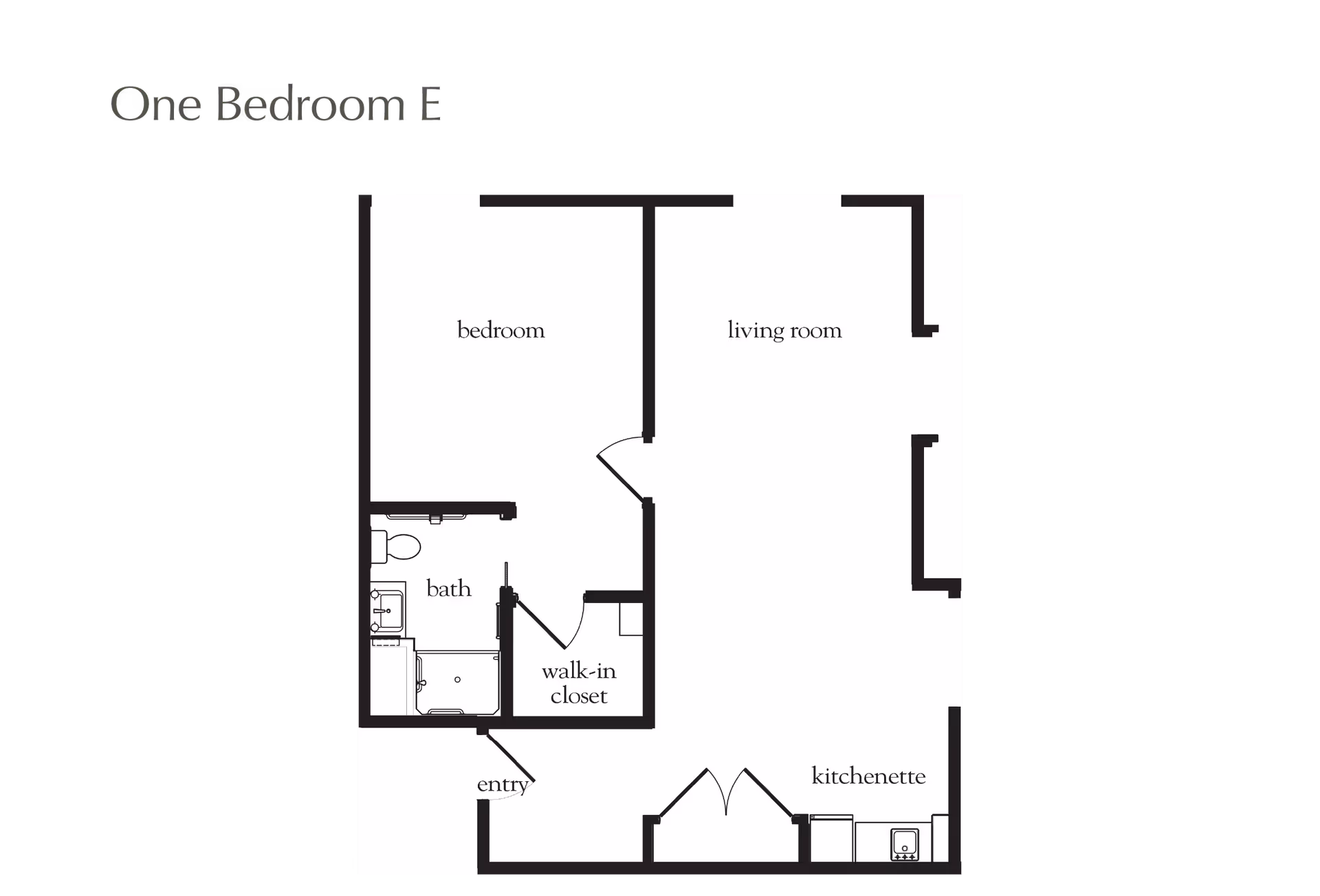 Floor plan layout of a one-bedroom apartment labeled 'One Bedroom E' showing a bedroom, living room, bath, walk-in closet, entry, and kitchenette.