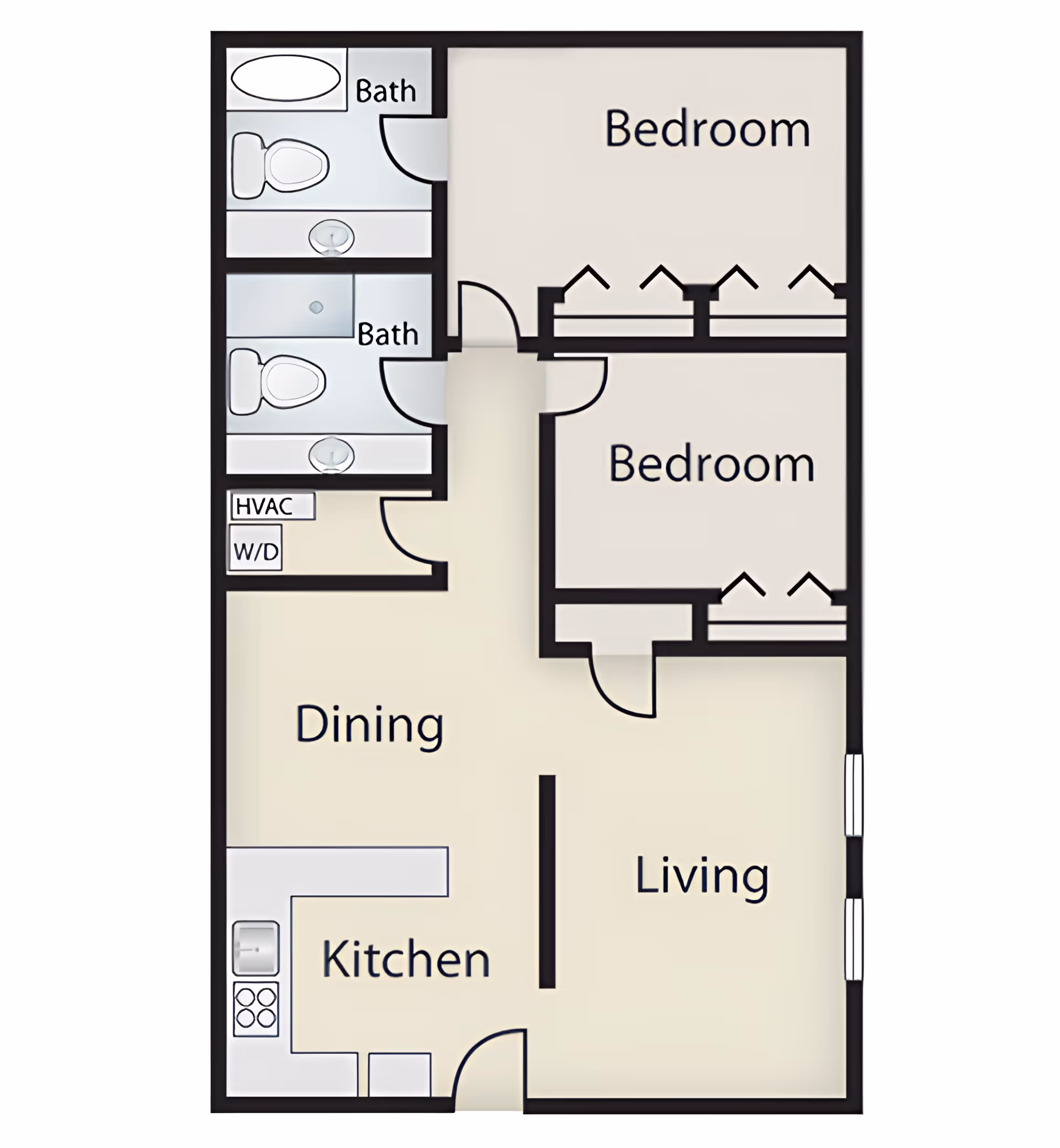 Labeled two-bedroom, two-bath apartment floor plan showing living room, dining area, kitchen, closets, and HVAC/W/D closet.