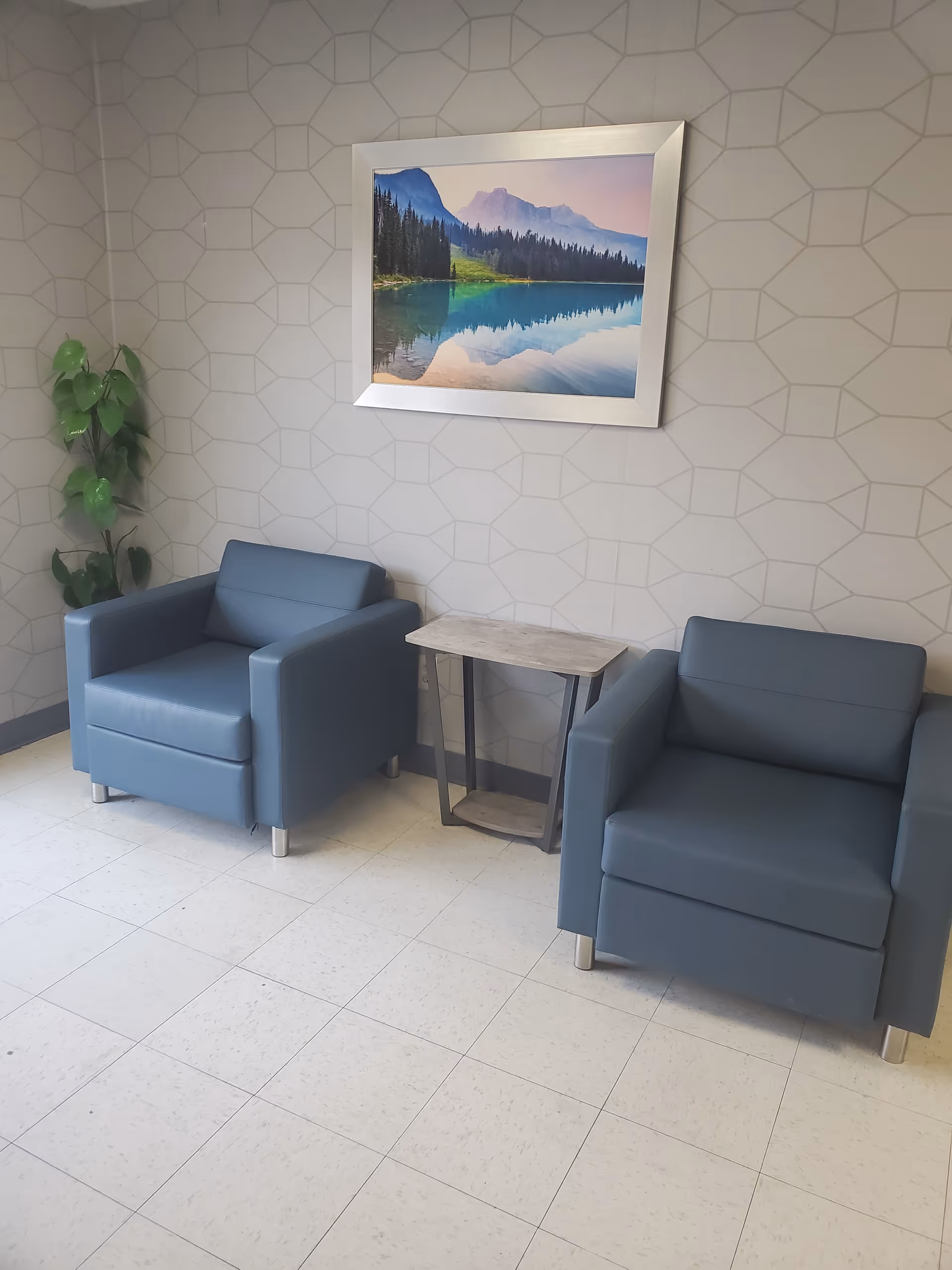 Two blue armchairs flank a small side table beneath a framed landscape painting on a patterned wall in a waiting area.