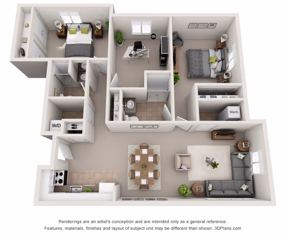3D floor plan of an apartment unit featuring two bedrooms, two bathrooms, a kitchen, dining area, living room, and a small office space. The layout includes a washer/dryer area, closets, and mechanical room. The living room has a sectional sofa and armchair, the dining area has a table set for six, and the kitchen is equipped with appliances.