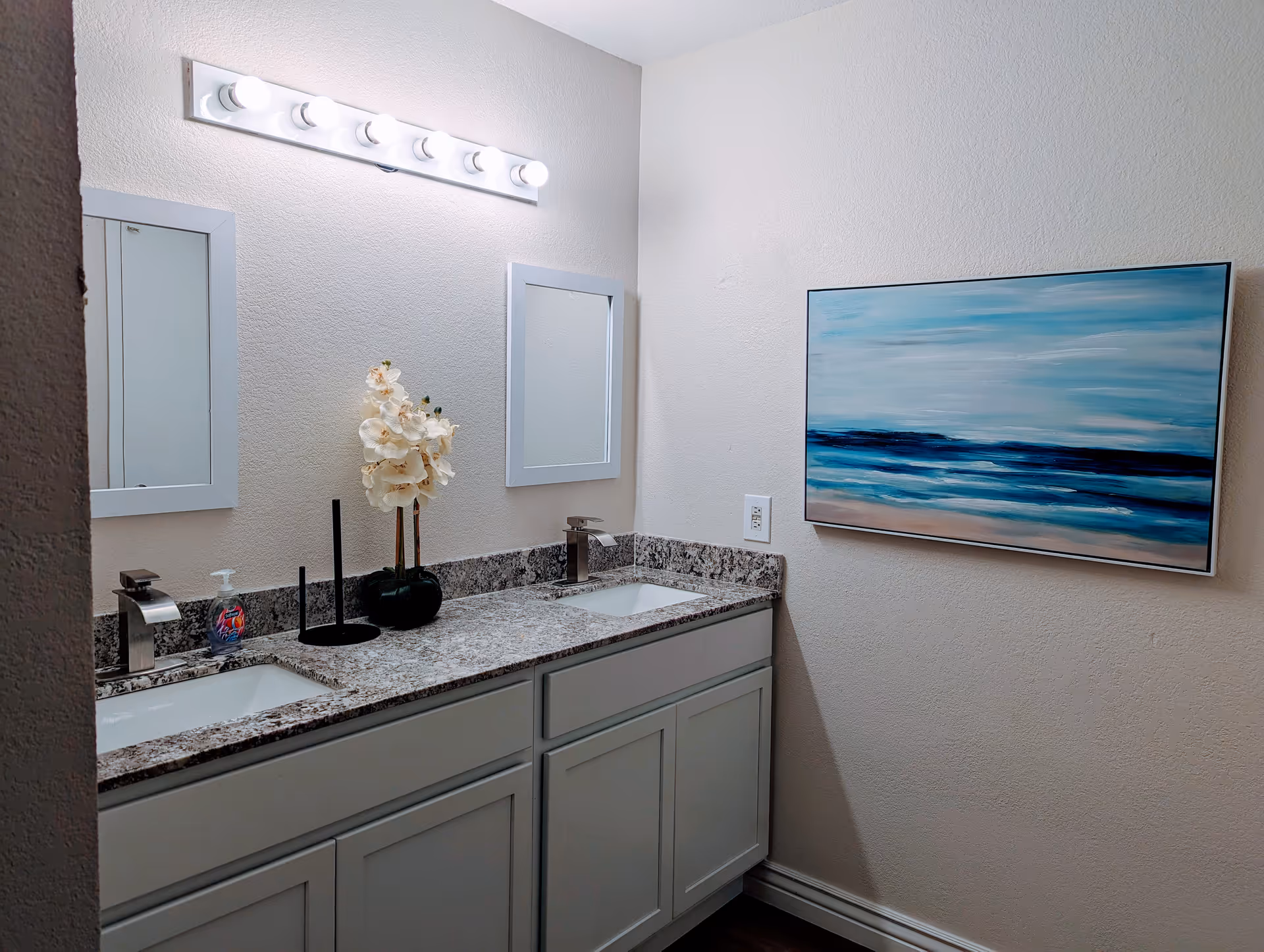 A bathroom with a double sink vanity featuring granite countertops, two rectangular mirrors, and a light fixture with six bulbs above. There is a small vase with white flowers and a soap dispenser on the counter. A blue and white abstract painting hangs on the adjacent wall.