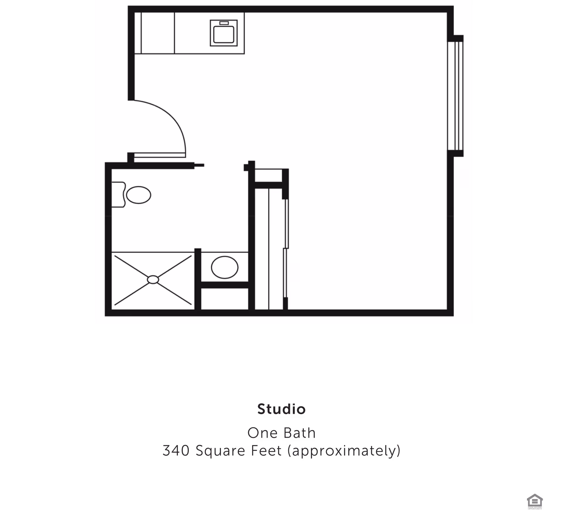 Floor plan of a studio apartment with one bathroom and a kitchenette, approximately 340 square feet. The layout shows a bathroom with a toilet and shower, a kitchenette area with a sink, and an open living/sleeping space.