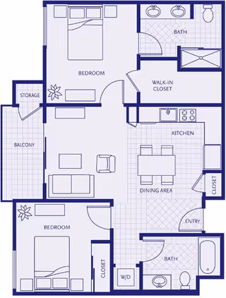 Architectural floor plan of an apartment at Peninsula Del Rey showing two bedrooms, two bathrooms, a kitchen with dining area, living room, walk-in closet, storage, balcony, and entryway.