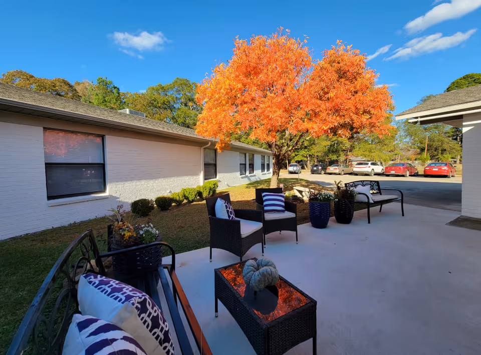 Outdoor patio area at Magnolia Place Wellness and Rehabilitation featuring black wicker chairs with cushions, a black metal bench with pillows, a small black coffee table with a decorative pumpkin, potted plants, and a vibrant tree with bright orange autumn leaves. The patio is adjacent to a white brick building with windows, and a parking lot with several cars is visible in the background under a clear blue sky.