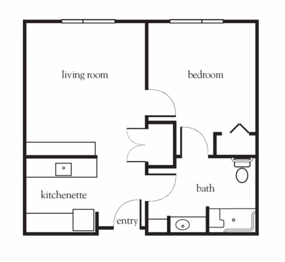Black-and-white one-bedroom apartment floor plan showing a living room, bedroom, kitchenette, bath, and entry.