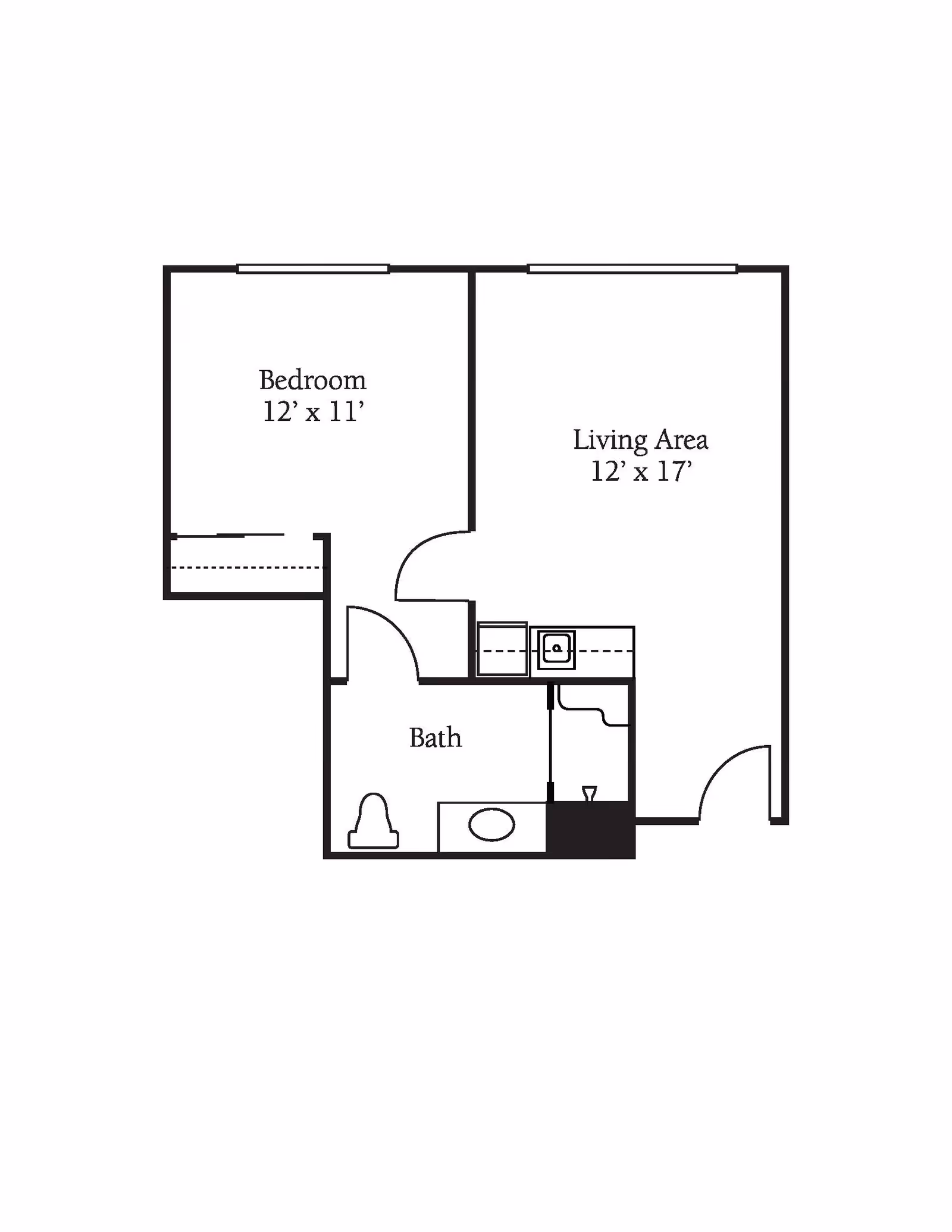Floor plan of a one-bedroom apartment with a bedroom measuring 12 by 11 feet, a living area measuring 12 by 17 feet, and a bathroom. The layout shows the placement of doors, windows, and fixtures including a toilet and sink in the bathroom.