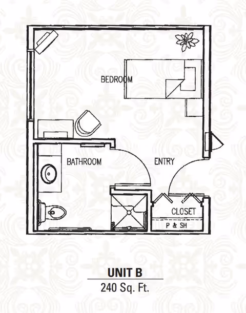 Floor plan labeled 'Unit B 240 Sq. Ft.' showing a small studio layout with bedroom, bathroom, entry and closet.