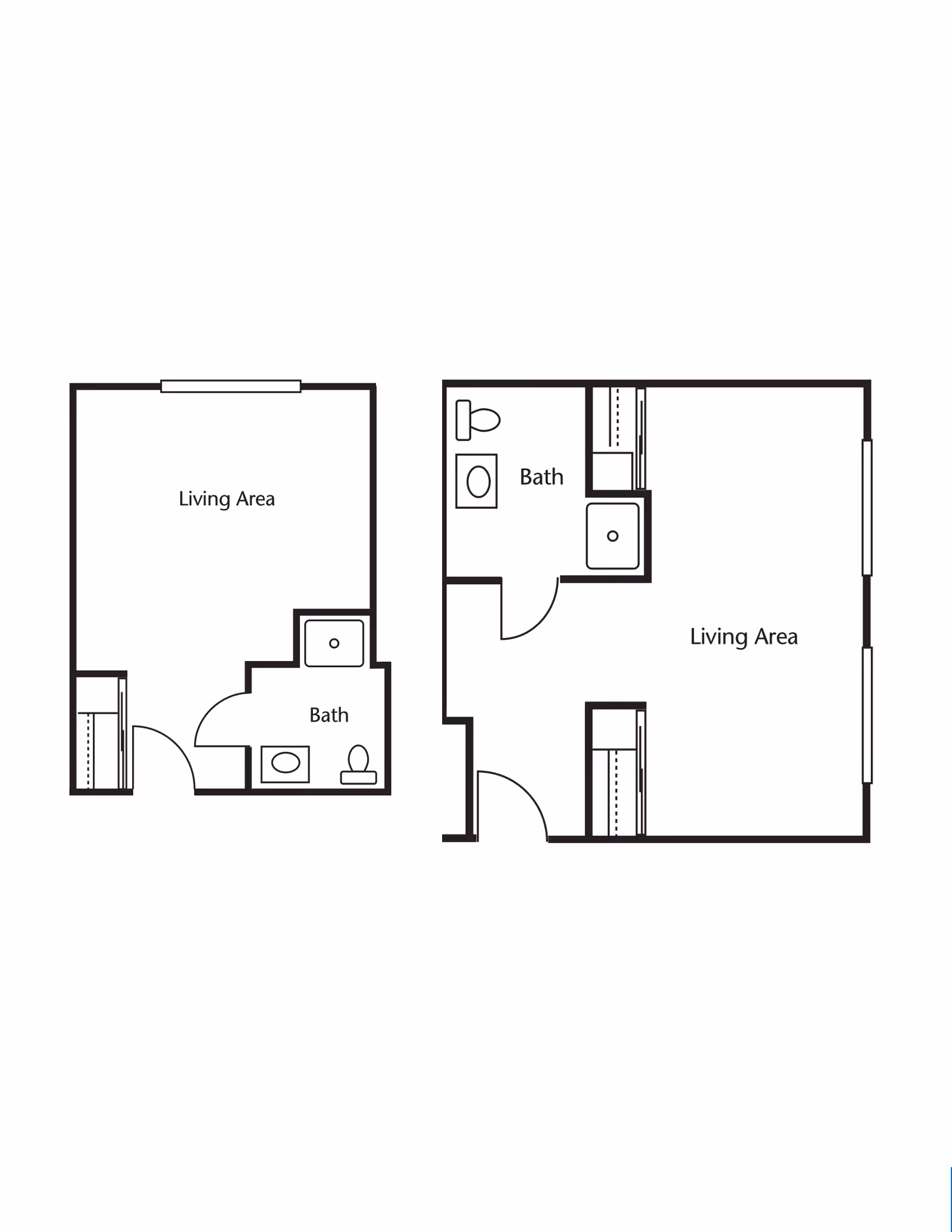 Floor plan showing two layouts each with a living area and a bathroom. The left layout has a living area with a small bathroom in the corner. The right layout has a living area with a bathroom adjacent to it and closets near the entrance.