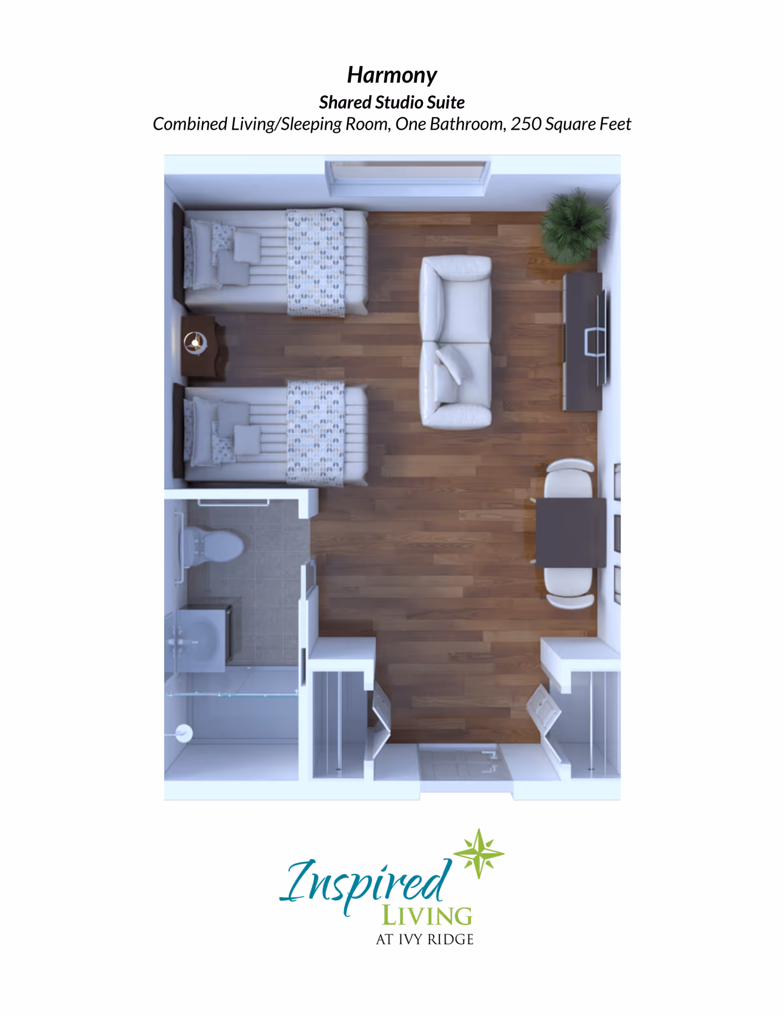 Top-down floor plan of a shared studio suite named Harmony at Inspired Living at Ivy Ridge. The suite includes two single beds with a nightstand between them, a small sofa, a TV on a stand, a dining table with two chairs, and a bathroom with a toilet, sink, and shower. The flooring is wood in the main area and tile in the bathroom.