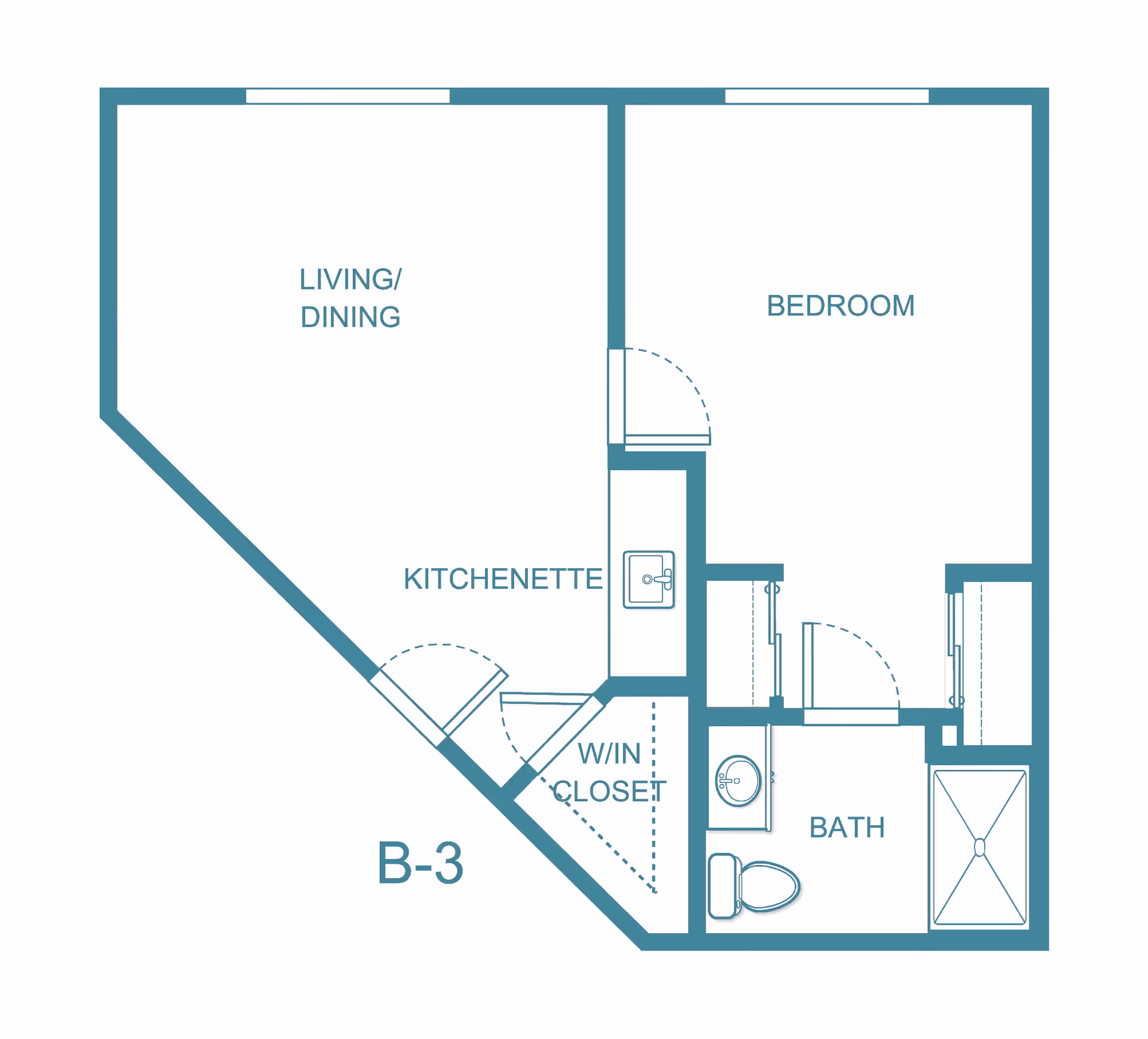 Floor plan layout of a senior living apartment unit labeled B-3, showing a living/dining area, kitchenette, bedroom, walk-in closet, and bathroom with a toilet, sink, and shower.
