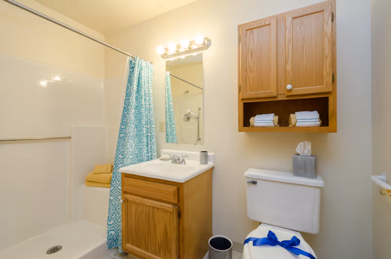 A bathroom with a white shower and a blue patterned shower curtain, a wooden vanity with a sink and mirror above it, a toilet with a blue ribbon tied around the seat, a wooden cabinet mounted on the wall with folded towels, and a tissue box on the toilet tank.