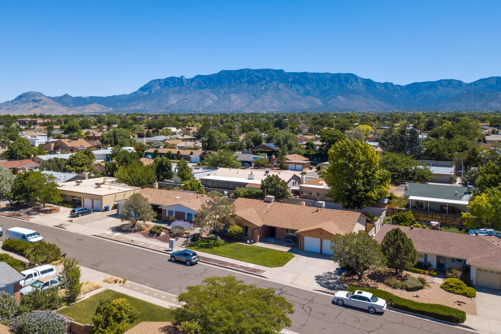Aerial view of a suburban neighborhood with single-story houses, trees, and cars parked along the street. In the background, there is a large mountain range under a clear blue sky.