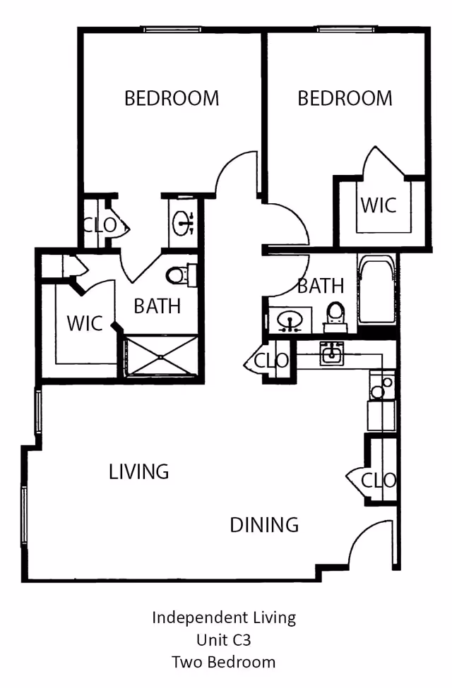 Floor plan of an independent living unit labeled Unit C3 with two bedrooms. The layout includes two bedrooms, two bathrooms, a living area, dining area, kitchen, walk-in closets, and additional closets.