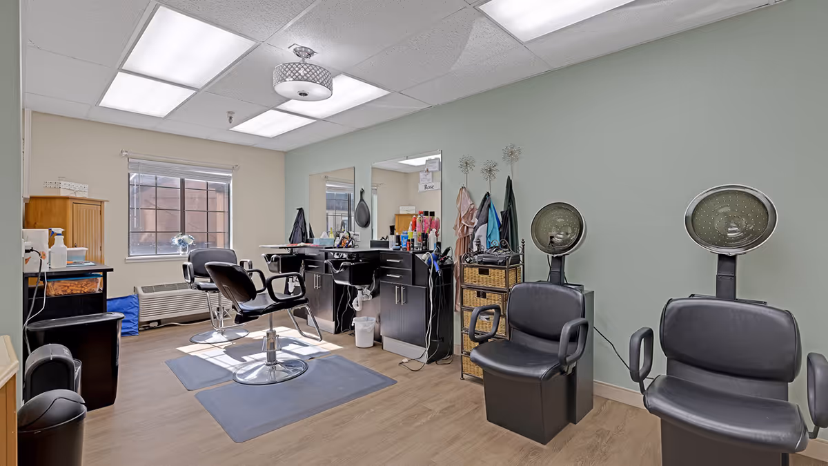 Salon room with styling chairs, hooded hair dryers, mirrors and workstations.