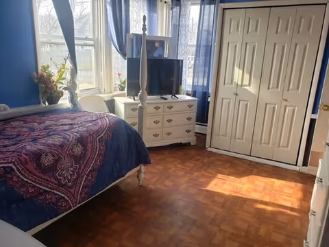 Sunlit bedroom with a four-poster bed, dresser topped by a TV, bay windows with blue curtains, and a double-door closet.