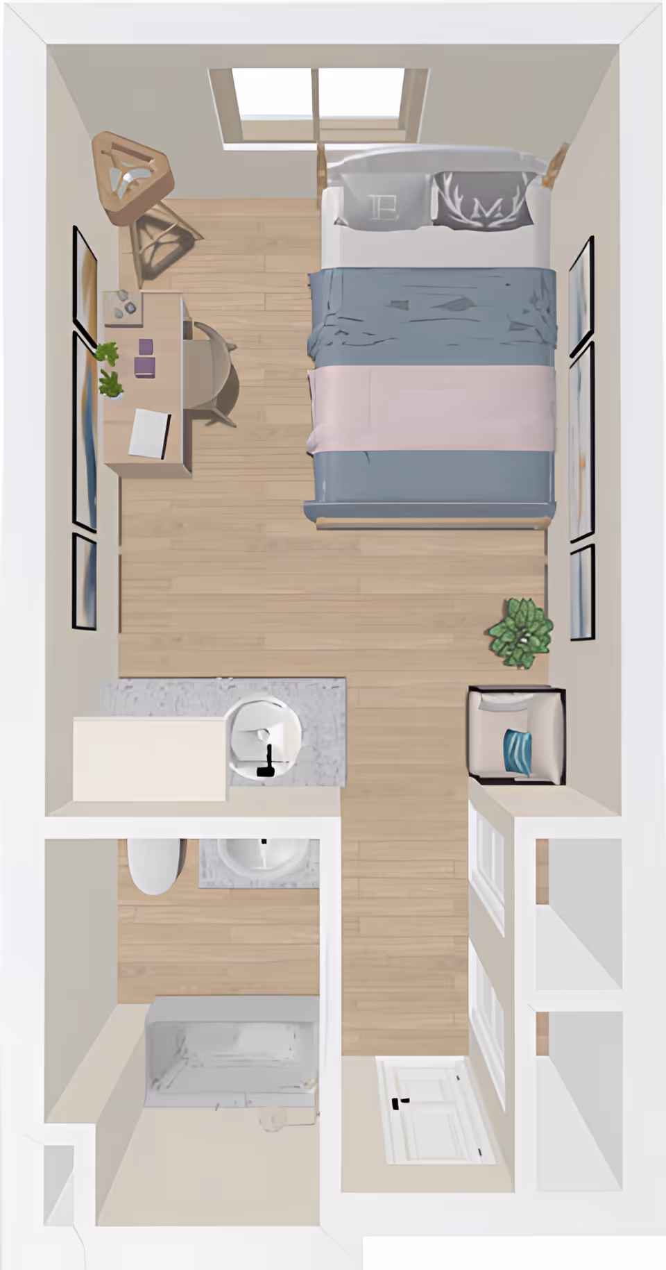 Top-down view of a small bedroom with a bed, desk with chair, armchair, and a small bathroom with a shower, toilet, and sink. The room has wooden flooring, a window above the bed, and framed pictures on the walls.