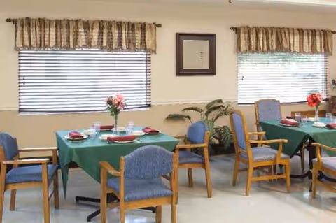 A senior living dining room with green tablecloths, blue chairs, windows, and plants.