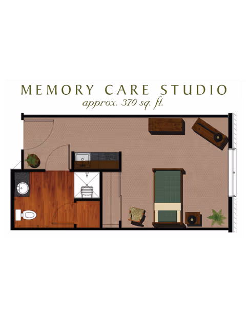 Floor plan of a Memory Care Studio apartment approximately 370 square feet, showing a layout with a bathroom, small kitchenette, and a living/sleeping area with a bed, chair, and furniture.